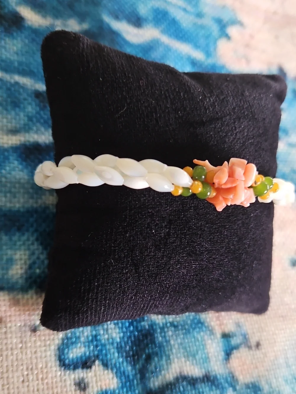 Vintage Mother of Pearl, Coral and Jade Bracelet